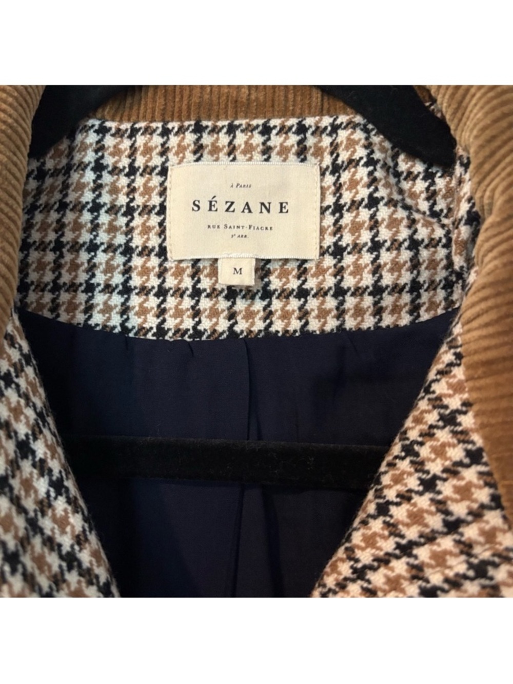 SEZANE Checked Blazer with Corduroy Collar in Tan and Cream - Picture 6 of 8
